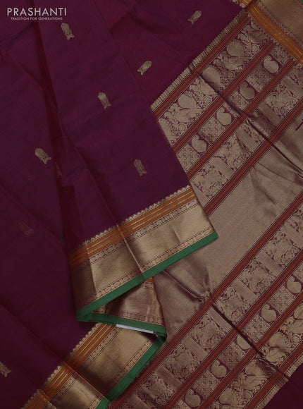Kanchi cotton saree dark magenta pink and green with zari woven buttas and thread & zari woven border