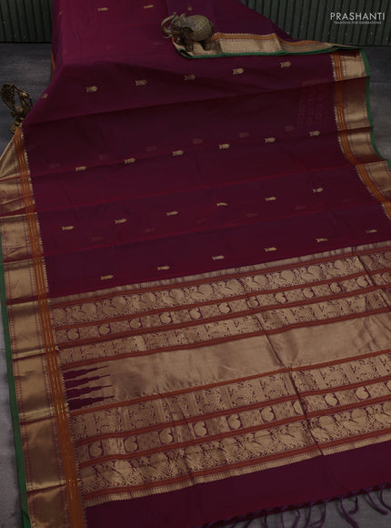 Kanchi cotton saree dark magenta pink and green with zari woven buttas and thread & zari woven border