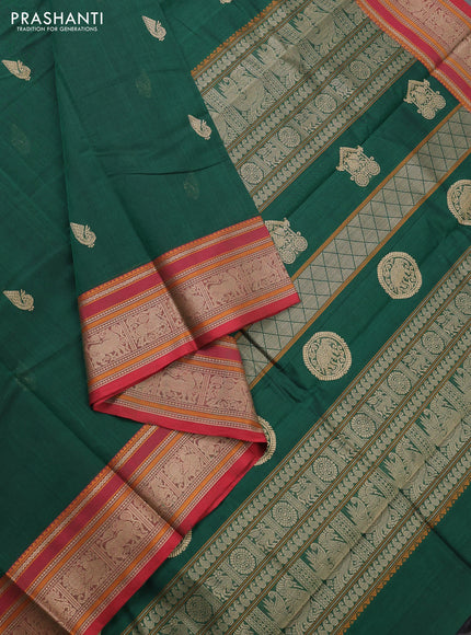 Kanchi cotton saree green and red with thread woven buttas and thread woven border