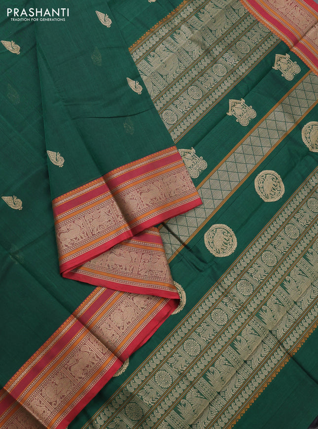Kanchi cotton saree green and red with thread woven buttas and thread woven border