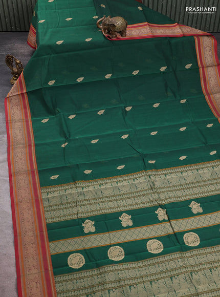 Kanchi cotton saree green and red with thread woven buttas and thread woven border