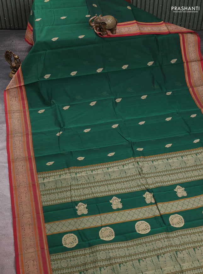 Kanchi cotton saree green and red with thread woven buttas and thread woven border