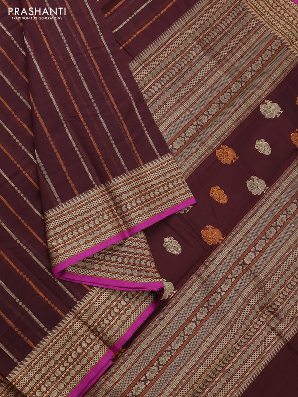 Kanchi cotton saree coffee brown and magenta pink with allover thread stripe pattern and thread woven border