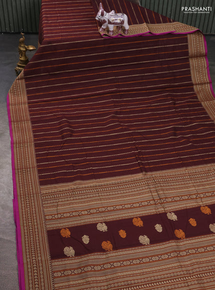 Kanchi cotton saree coffee brown and magenta pink with allover thread stripe pattern and thread woven border