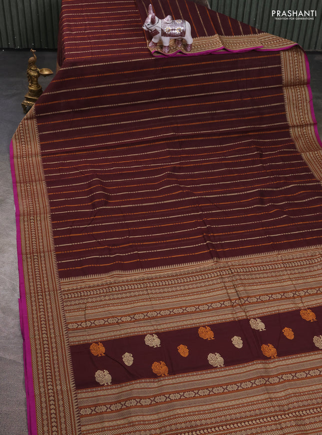Kanchi cotton saree coffee brown and magenta pink with allover thread stripe pattern and thread woven border