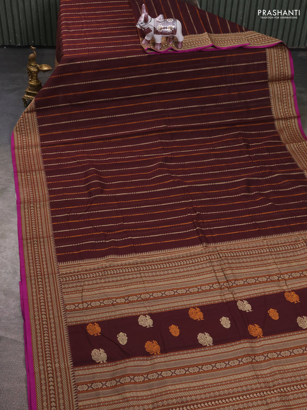 Kanchi cotton saree coffee brown and magenta pink with allover thread stripe pattern and thread woven border