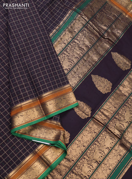 Kanchi cotton saree jamun shade and green with allover thread checks & buttas and zari woven border