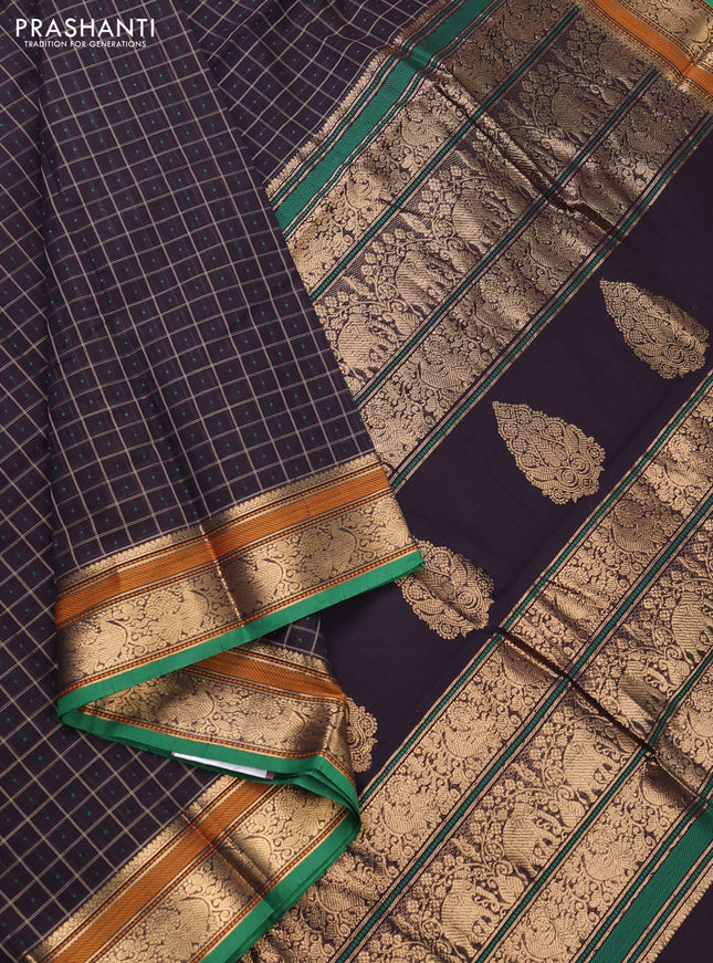 Kanchi cotton saree jamun shade and green with allover thread checks & buttas and zari woven border