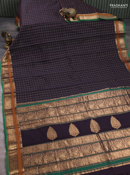 Kanchi cotton saree jamun shade and green with allover thread checks & buttas and zari woven border