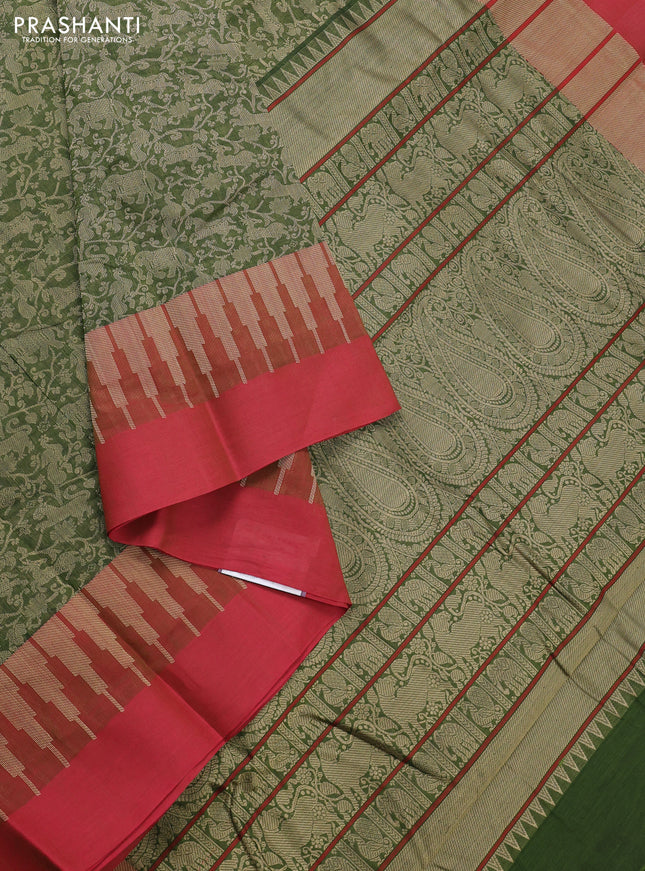 Kanchi cotton saree olive green and red with allover self emboss and temple design simple border