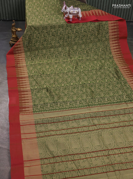 Kanchi cotton saree olive green and red with allover self emboss and temple design simple border