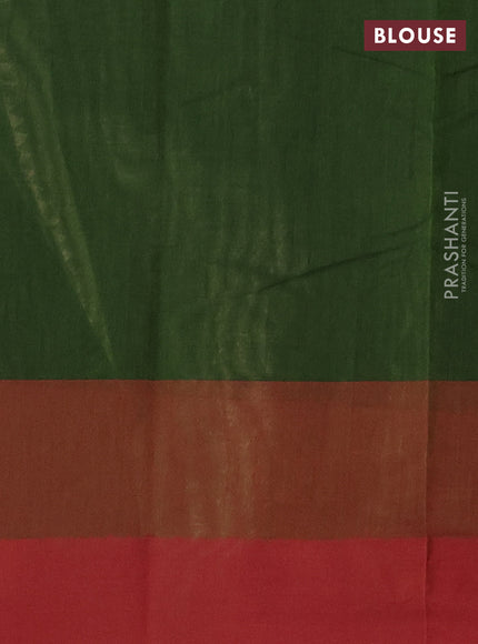 Kanchi cotton saree olive green and red with allover self emboss and temple design simple border