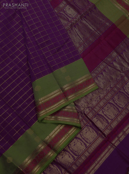 Kanchi cotton saree magenta pink and light green with allover zari ckecked pattern and simple zari woven border