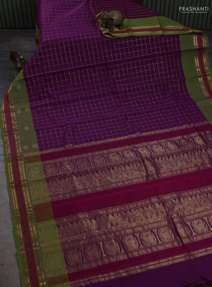 Kanchi cotton saree magenta pink and light green with allover zari ckecked pattern and simple zari woven border