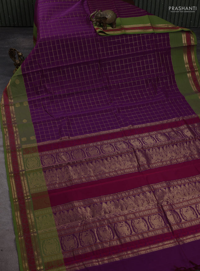 Kanchi cotton saree magenta pink and light green with allover zari ckecked pattern and simple zari woven border