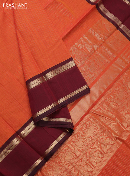 Kanchi cotton saree sunset orange and deep maroon with allover zari stripe pattern and rettapet zari woven border