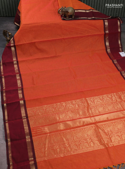 Kanchi cotton saree sunset orange and deep maroon with allover zari stripe pattern and rettapet zari woven border