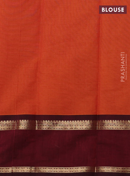 Kanchi cotton saree sunset orange and deep maroon with allover zari stripe pattern and rettapet zari woven border