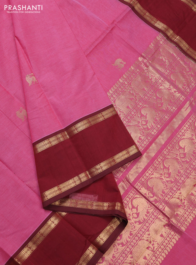 Kanchi cotton saree pink and deep maroon with zari woven buttas and rettapet zari woven border