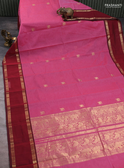 Kanchi cotton saree pink and deep maroon with zari woven buttas and rettapet zari woven border