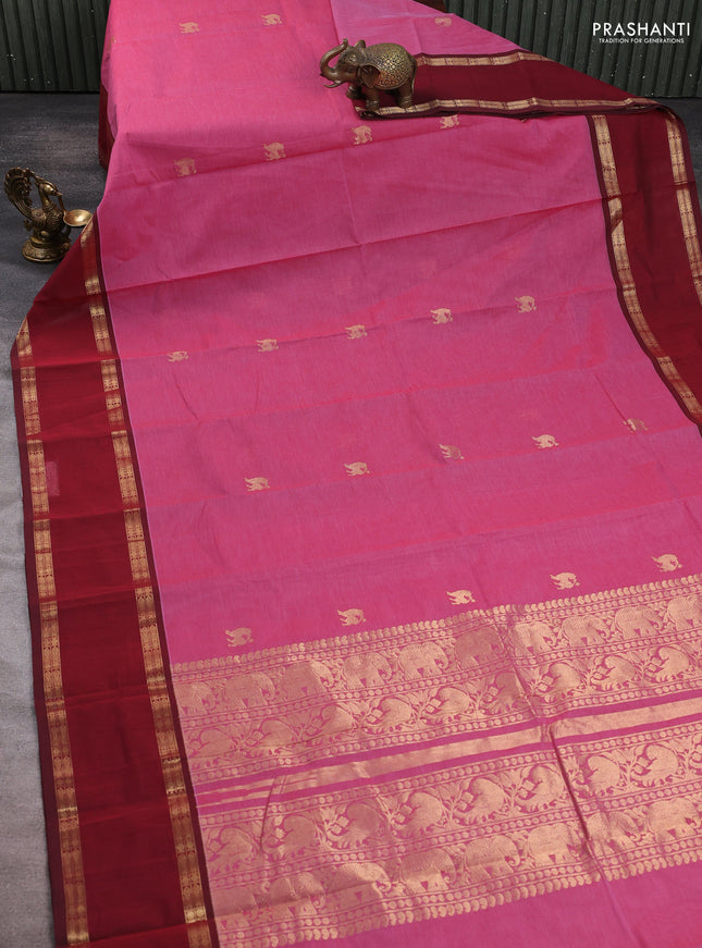 Kanchi cotton saree pink and deep maroon with zari woven buttas and rettapet zari woven border