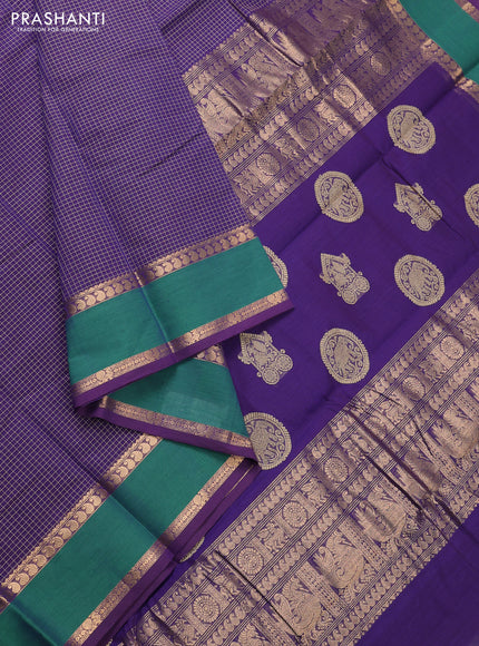Kanchi cotton saree violet and green with allover small checked pattern and rettapet zari woven border