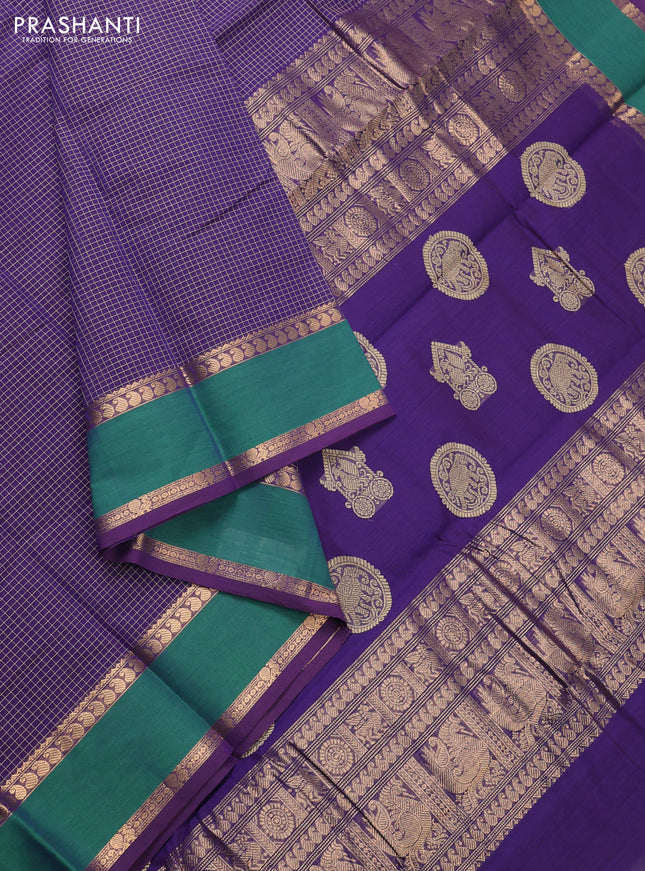Kanchi cotton saree violet and green with allover small checked pattern and rettapet zari woven border
