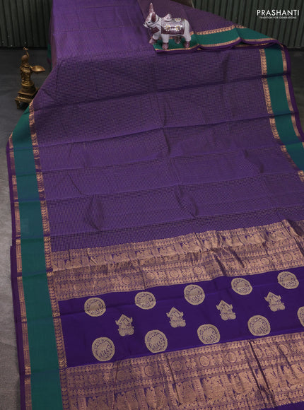 Kanchi cotton saree violet and green with allover small checked pattern and rettapet zari woven border