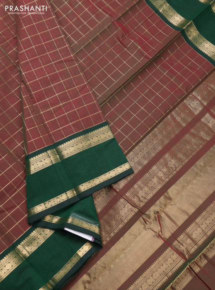 Kanchi cotton saree manthulir green and bottle green with allover zari checked pattern and rettapet zari woven border