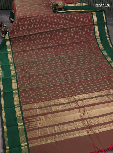Kanchi cotton saree manthulir green and bottle green with allover zari checked pattern and rettapet zari woven border