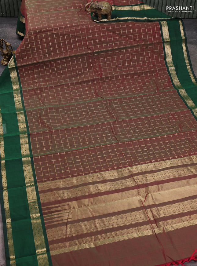 Kanchi cotton saree manthulir green and bottle green with allover zari checked pattern and rettapet zari woven border