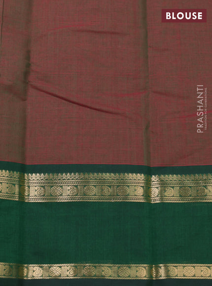 Kanchi cotton saree manthulir green and bottle green with allover zari checked pattern and rettapet zari woven border