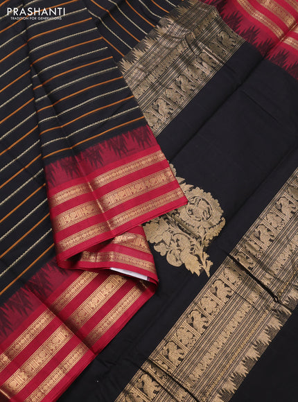 Kanchi cotton saree black and maroon with allover thread weaves and temple design simple border