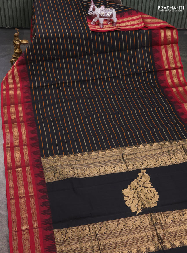 Kanchi cotton saree black and maroon with allover thread weaves and temple design simple border