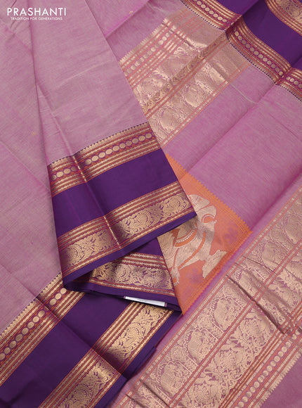 Kanchi cotton saree pastel purple and violet with zari woven buttas and long rettapet thread woven border