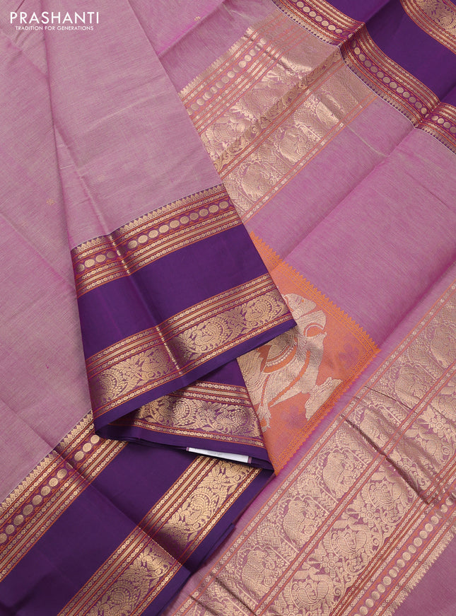 Kanchi cotton saree pastel purple and violet with zari woven buttas and long rettapet thread woven border