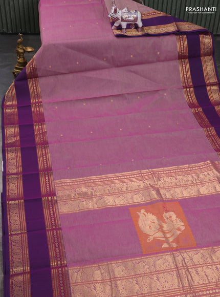 Kanchi cotton saree pastel purple and violet with zari woven buttas and long rettapet thread woven border