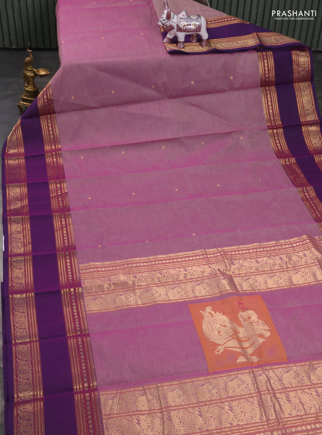 Kanchi cotton saree pastel purple and violet with zari woven buttas and long rettapet thread woven border