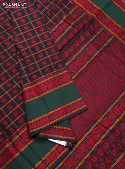 Kanchi cotton saree bottle green and green with allover thread checks & buttas and long rettapet thread woven border