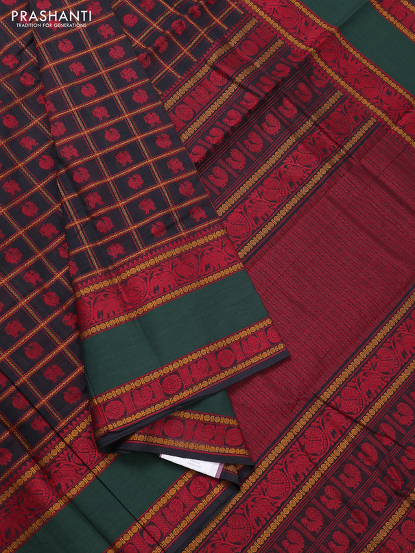 Kanchi cotton saree bottle green and green with allover thread checks & buttas and long rettapet thread woven border