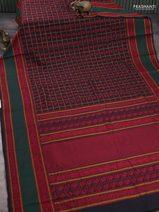 Kanchi cotton saree bottle green and green with allover thread checks & buttas and long rettapet thread woven border