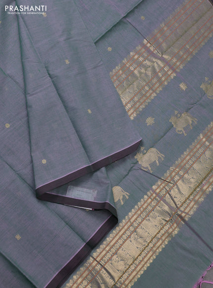 Kanchi cotton saree greyish green with zari woven buttas and piping border