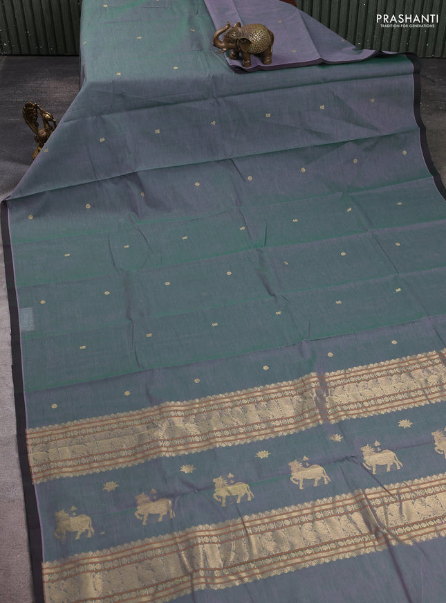 Kanchi cotton saree greyish green with zari woven buttas and piping border