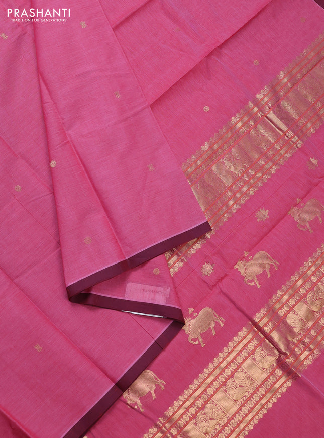 Kanchi cotton saree red and deep maroon with zari woven buttas and piping border