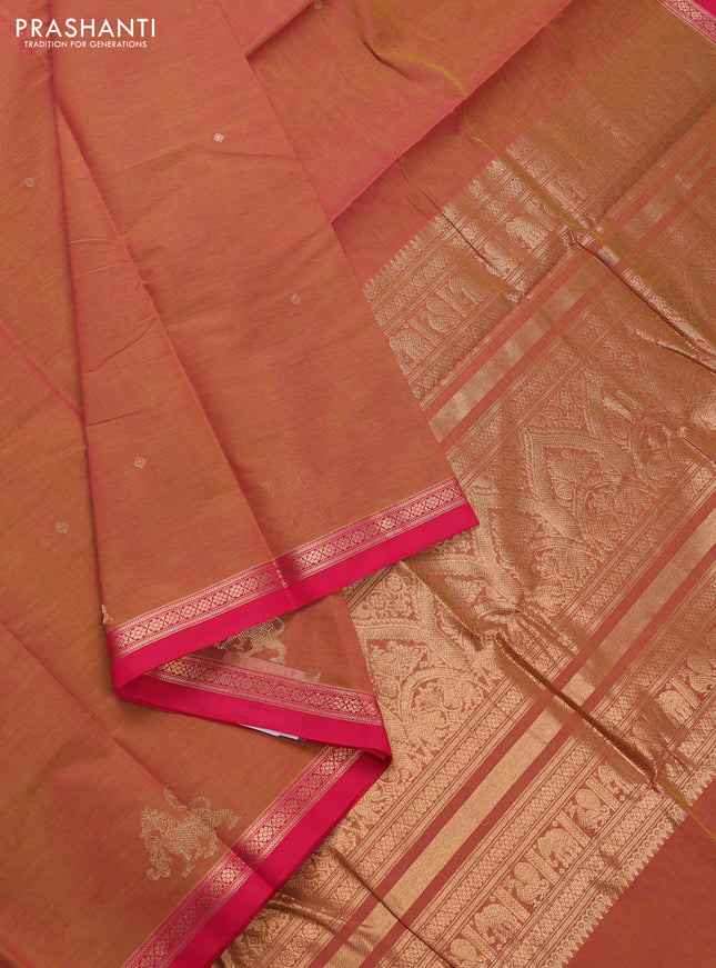 Kanchi cotton saree mustard yellow and pink with zari woven buttas and small zari woven border