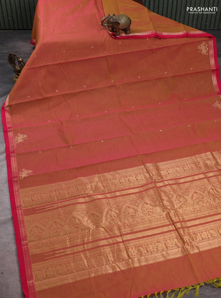 Kanchi cotton saree mustard yellow and pink with zari woven buttas and small zari woven border