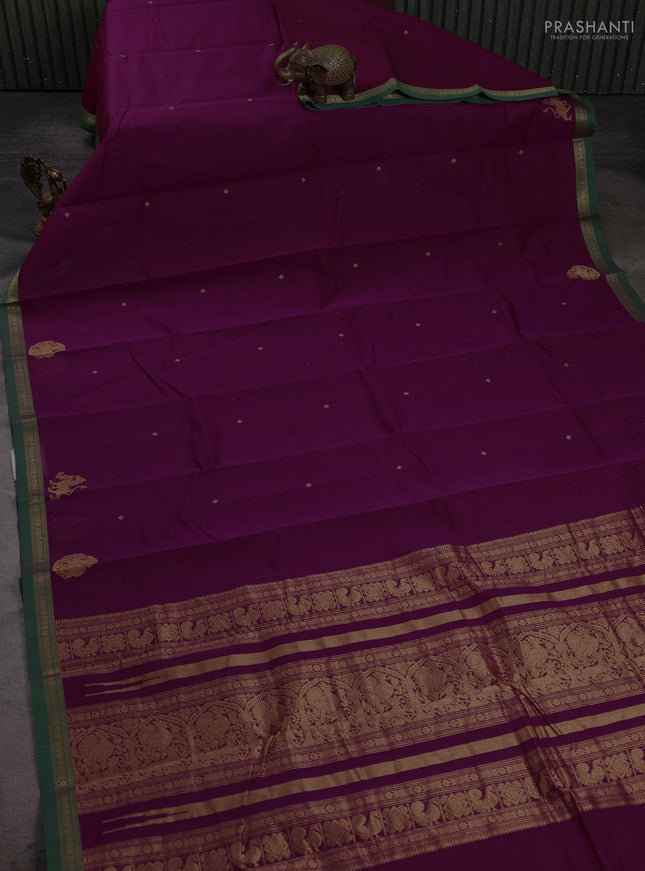 Kanchi cotton saree magenta pink and green with zari woven buttas and small zari woven border