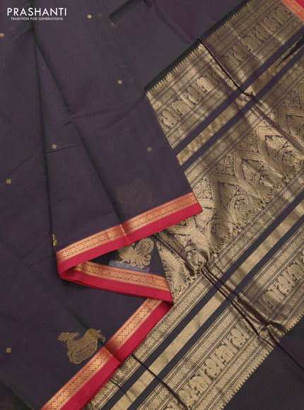Kanchi cotton saree dark grey and maroon with zari woven buttas and small zari woven border