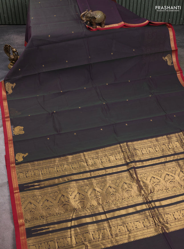 Kanchi cotton saree dark grey and maroon with zari woven buttas and small zari woven border