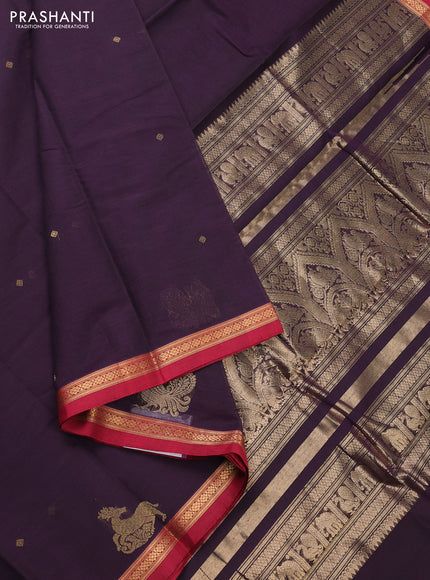 Kanchi cotton saree deep purple and maroon with zari woven buttas and small zari woven border
